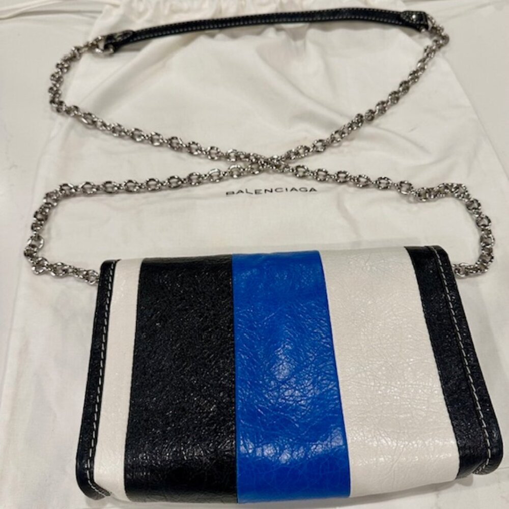 BALENCIAGA BAZAR Stripe Crossbody Shoulder Bag on Chain Blue Black White Leather - Picture 12 of 16